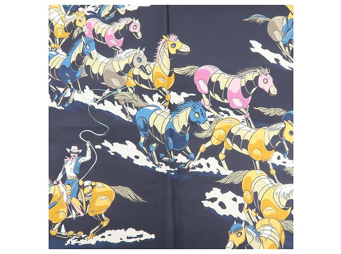 Hermès HERMES Carre Double Face 90 Seide 100% Tuch Les Mustangs Marble Navy - Ansicht 7