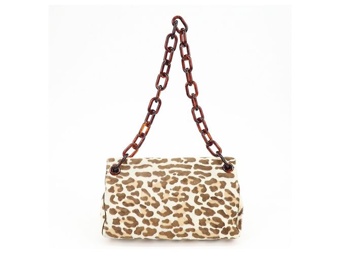 Borsa a tracolla PRADA in vitello con catena in plastica e logo triangolare Beige Brown - vista 2