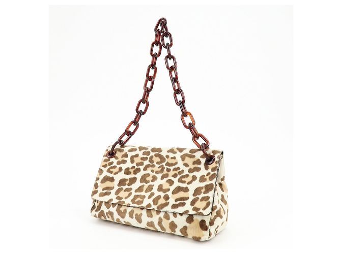 Borsa a tracolla PRADA in vitello con catena in plastica e logo triangolare Beige Brown - vista 3