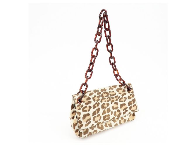 Borsa a tracolla PRADA in vitello con catena in plastica e logo triangolare Beige Brown - vista 4