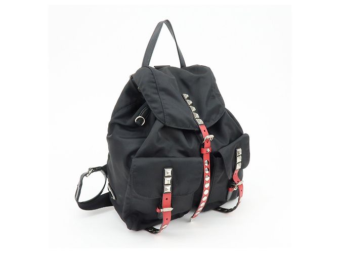 PRADA Triangle Logo Nylon Leather Backpack Studs Black Red1BZ811 - view 4