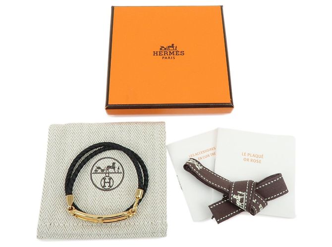 Hermès HERMES Bracciale Roulis Double Tour in pelle Veau Swift Nero Oro - vista 9