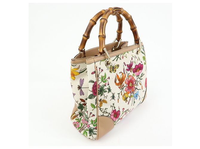 GUCCI Bamboo Flora Canvas Leather 2Way Bag Japan Limited Ivory 336032 - vista 4