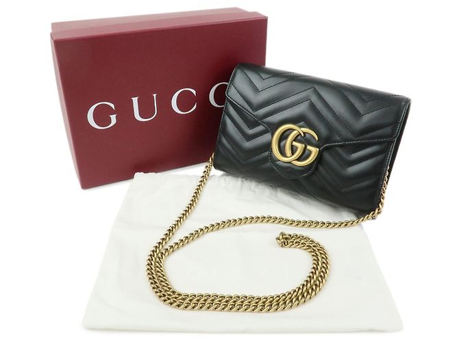 Borsa a tracolla con catena in pelle GUCCI GG Marmont Double G Nera 474575 - vista 12