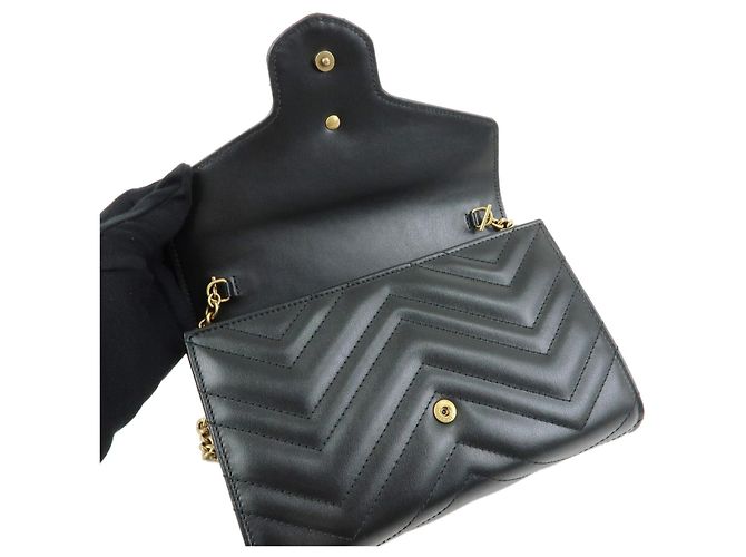 Borsa a tracolla con catena in pelle GUCCI GG Marmont Double G Nera 474575 - vista 8
