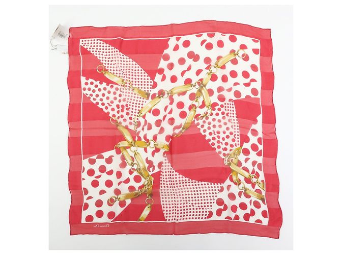 Sciarpa Christian Dior 100% Seta Motivo Catena e Pois Rosso Bianco Oro - vista 2