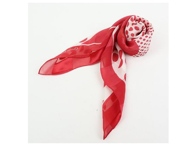 Sciarpa Christian Dior 100% Seta Motivo Catena e Pois Rosso Bianco Oro - vista 8