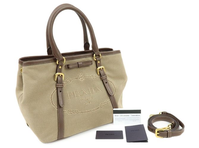 Borsa Tote 2Way PRADA in tela jacquard con logo Triangle e pelle Marrone BN1841 - vista 12