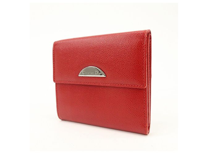 Christian Dior Logo Leather Bi-fold Compact Wallet Red - view 3