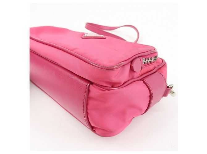 Borsa a spalla in nylon e pelle con logo triangolare PRADA Rosa BT1010 - vista 10