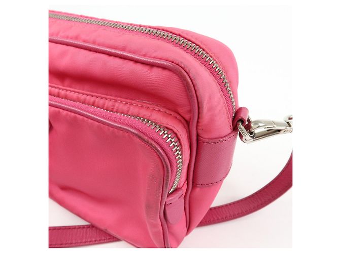 Borsa a spalla in nylon e pelle con logo triangolare PRADA Rosa BT1010 - vista 14