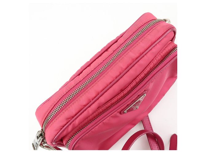 Borsa a spalla in nylon e pelle con logo triangolare PRADA Rosa BT1010 - vista 17