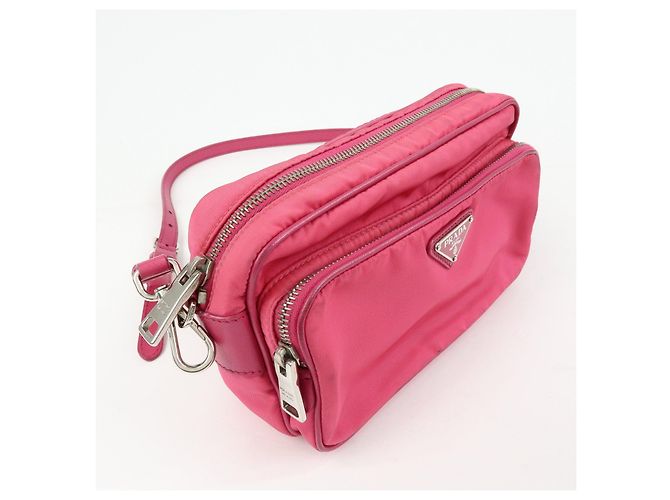 Borsa a spalla in nylon e pelle con logo triangolare PRADA Rosa BT1010 - vista 4
