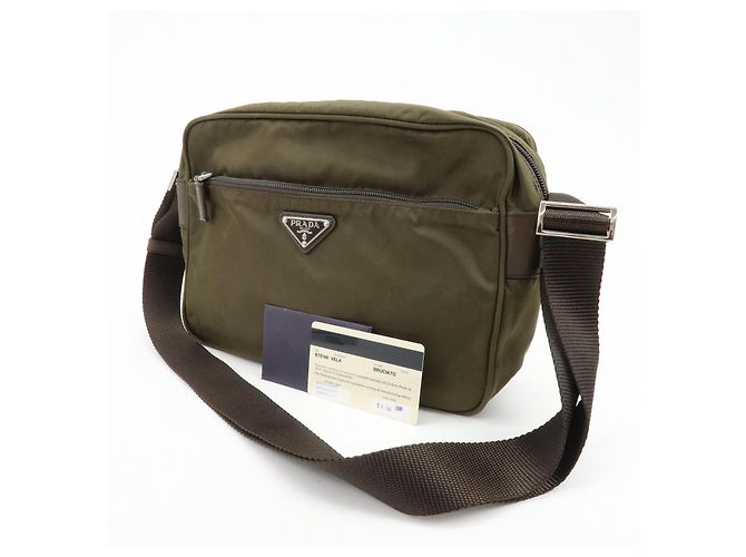 Borsa a tracolla in nylon PRADA con logo Triangle Khaki Brown BT0166 - vista 24