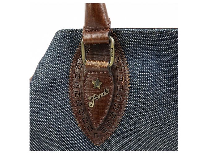 FENDI Etnico Borsa Tote in Pelle e Denim Borsa a Tracolla Marrone Blu 8BN162 - vista 10