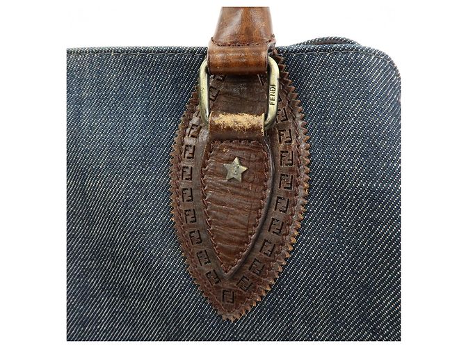 FENDI Etnico Borsa Tote in Pelle e Denim Borsa a Tracolla Marrone Blu 8BN162 - vista 11