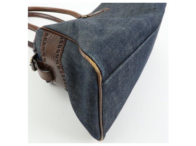 FENDI Etnico Borsa Tote in Pelle e Denim Borsa a Tracolla Marrone Blu 8BN162 - vista 12