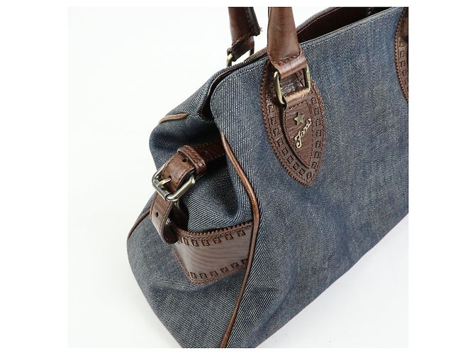 FENDI Etnico Borsa Tote in Pelle e Denim Borsa a Tracolla Marrone Blu 8BN162 - vista 16