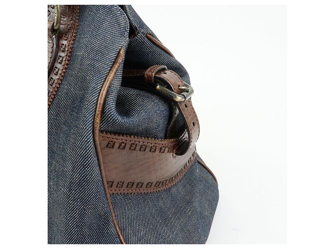 FENDI Etnico Borsa Tote in Pelle e Denim Borsa a Tracolla Marrone Blu 8BN162 - vista 19