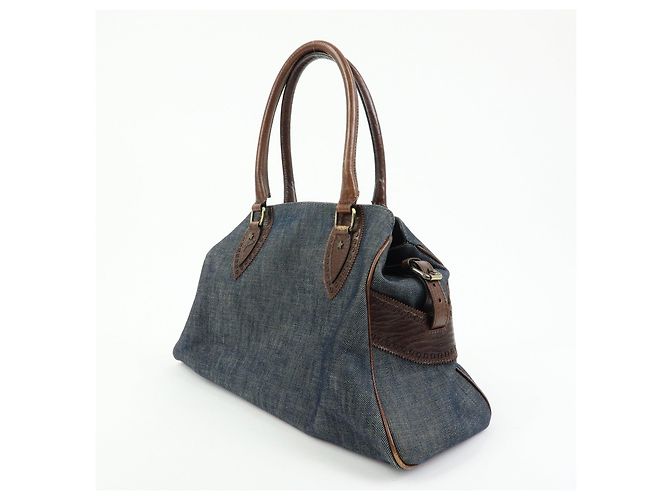 FENDI Etnico Borsa Tote in Pelle e Denim Borsa a Tracolla Marrone Blu 8BN162 - vista 3
