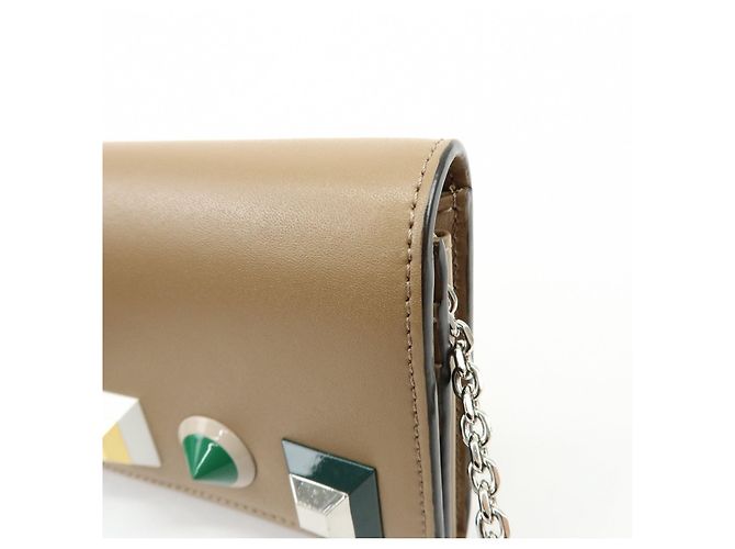 FENDI Leather Studs Chain Shoulder Wallet Long Wallet Beige 8M0365 - view 12