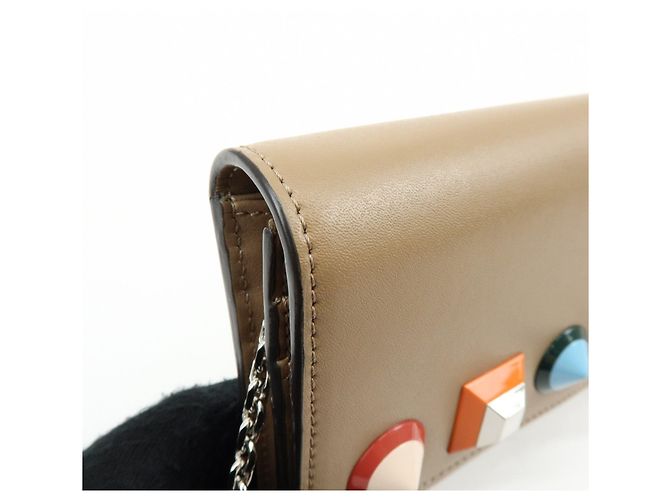 FENDI Leather Studs Chain Shoulder Wallet Long Wallet Beige 8M0365 - view 13