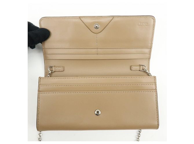 FENDI Leather Studs Chain Shoulder Wallet Long Wallet Beige 8M0365 - view 18