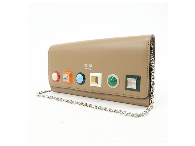 FENDI Leather Studs Chain Shoulder Wallet Long Wallet Beige 8M0365 - view 3
