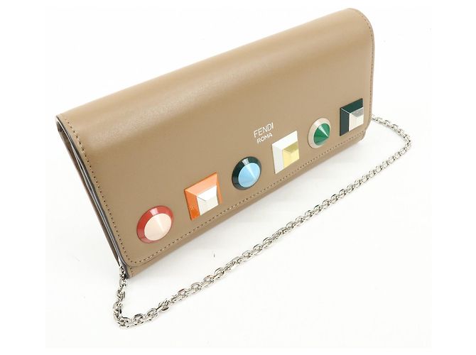 FENDI Leather Studs Chain Shoulder Wallet Long Wallet Beige 8M0365 - view 4