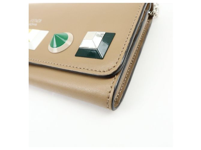 FENDI Leather Studs Chain Shoulder Wallet Long Wallet Beige 8M0365 - view 8