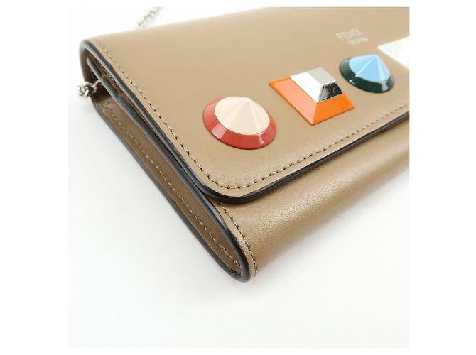 FENDI Leather Studs Chain Shoulder Wallet Long Wallet Beige 8M0365 - view 9