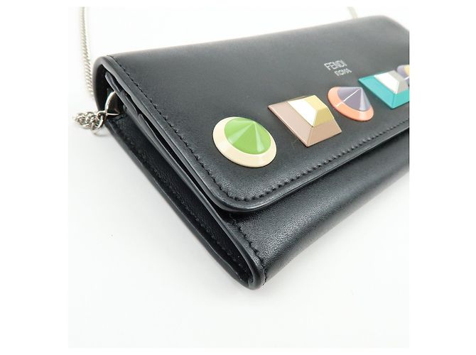 FENDI Leather Studs Chain Shoulder Wallet Long Wallet Black 8M0365 - view 10