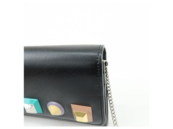FENDI Leather Studs Chain Shoulder Wallet Long Wallet Black 8M0365 - view 13