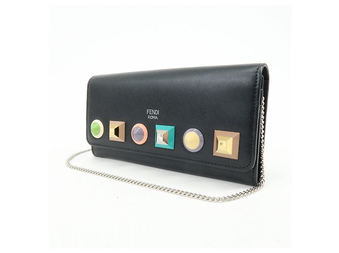 FENDI Leather Studs Chain Shoulder Wallet Long Wallet Black 8M0365 - view 3