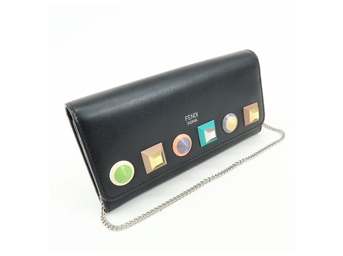 FENDI Leather Studs Chain Shoulder Wallet Long Wallet Black 8M0365 - view 4