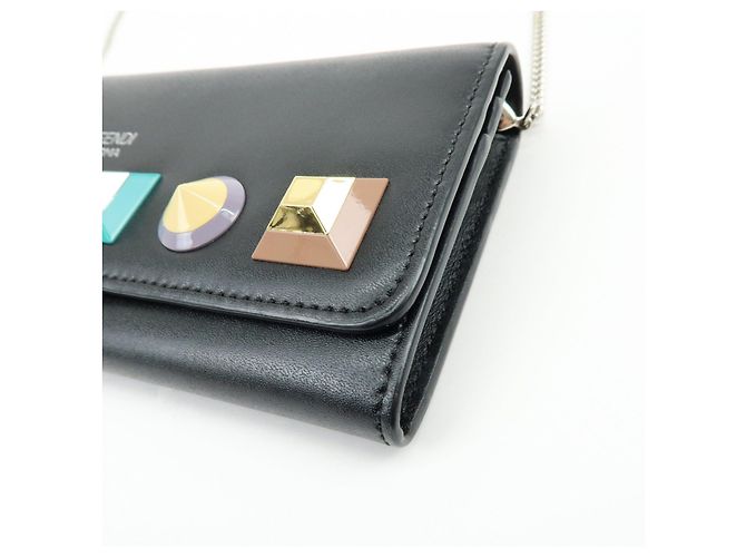 FENDI Leather Studs Chain Shoulder Wallet Long Wallet Black 8M0365 - view 9