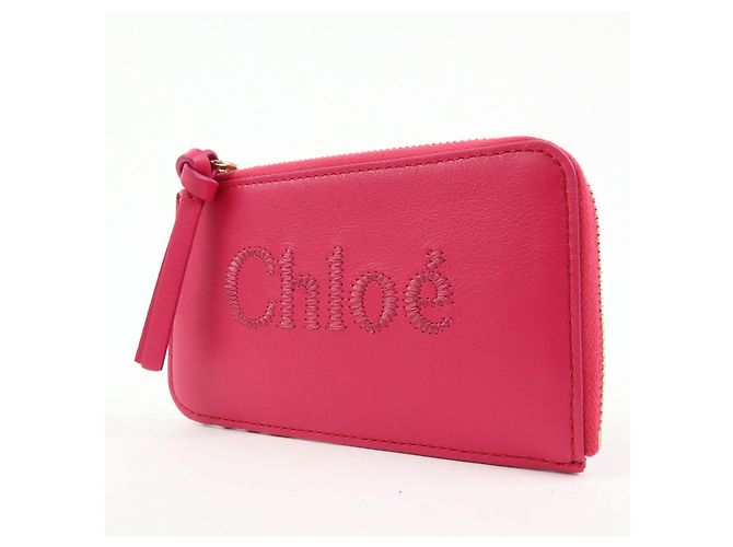 Chloé Chloe Logo Leather Card Case Key Case Pink - view 3