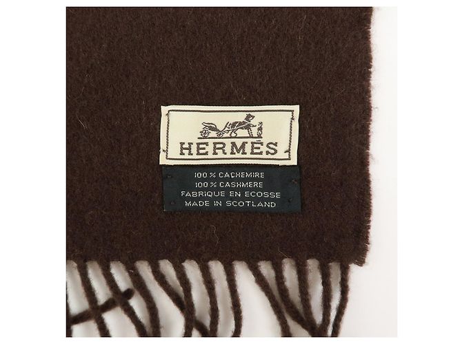 Hermès Sciarpa Stole HERMES Logo 100% Cashmere con Frange Marrone Scuro - vista 13