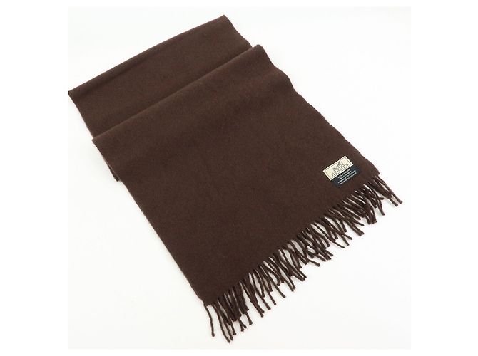 Hermès Sciarpa Stole HERMES Logo 100% Cashmere con Frange Marrone Scuro - vista 6