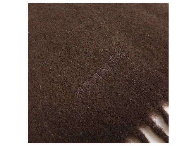 Hermès Sciarpa Stole HERMES Logo 100% Cashmere con Frange Marrone Scuro - vista 7