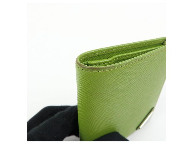 PRADA Triangle Logo Saffiano Leather Compact Wallet Light Green - view 10
