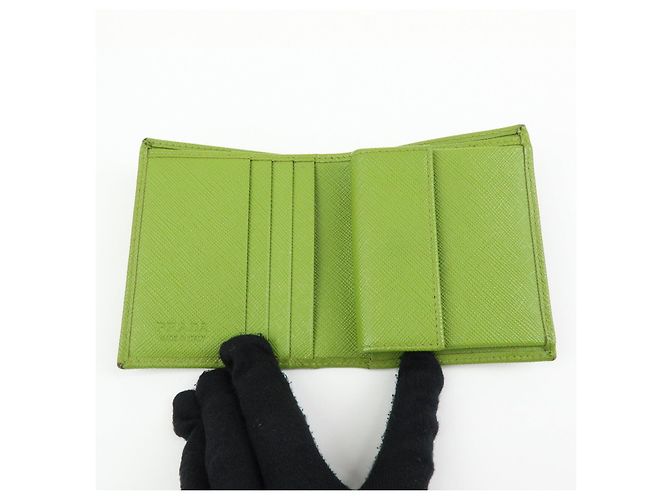 PRADA Triangle Logo Saffiano Leather Compact Wallet Light Green - view 15
