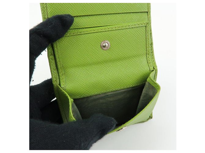 PRADA Triangle Logo Saffiano Leather Compact Wallet Light Green - view 19