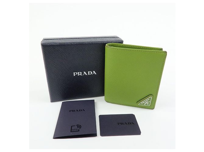 PRADA Triangle Logo Saffiano Leather Compact Wallet Light Green - view 24