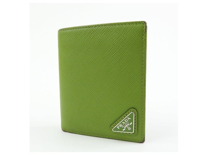 PRADA Triangle Logo Saffiano Leather Compact Wallet Light Green - view 3