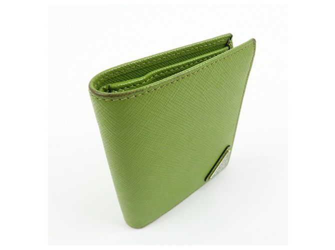 PRADA Triangle Logo Saffiano Leather Compact Wallet Light Green - view 4