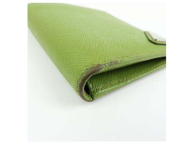 PRADA Triangle Logo Saffiano Leather Compact Wallet Light Green - view 6