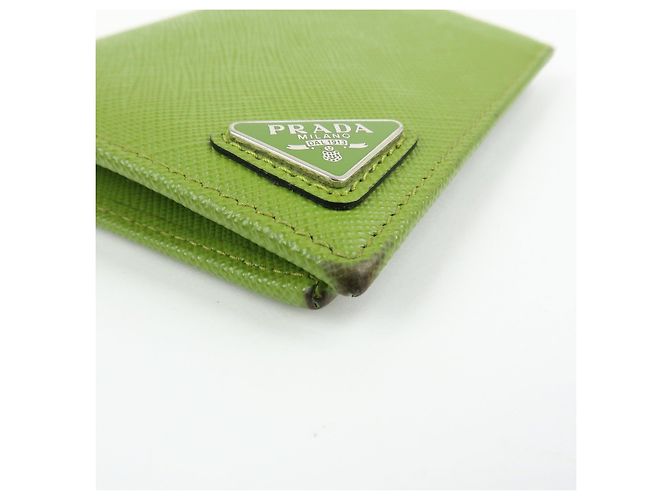 PRADA Triangle Logo Saffiano Leather Compact Wallet Light Green - view 7