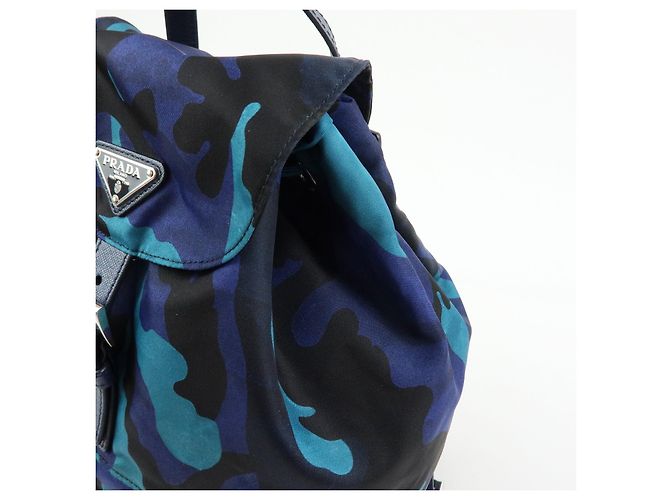 PRADA Triangle Logo Nylon Leather Backpack Camouflage Motif Blue - view 12