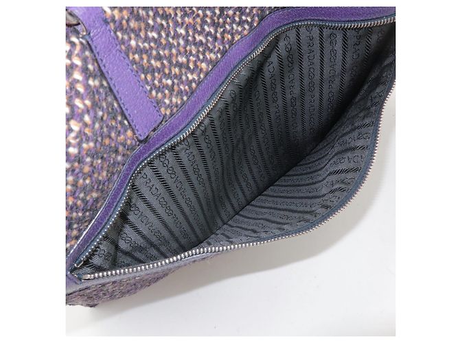 Borsa Tote e borsa a mano PRADA in pelle e lana con logo Triangle, Viola - vista 15